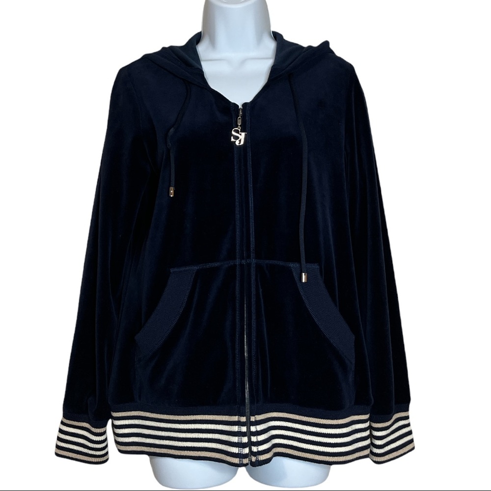 St. John Sport Navy Blue Velour Velvet Track Hoodie Sweatshirt